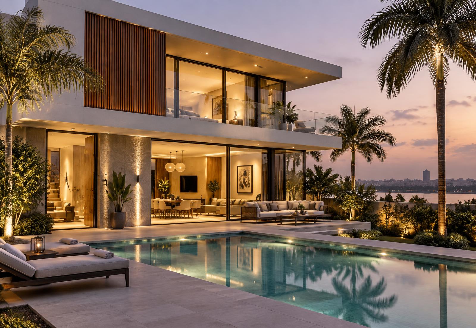 Villa contemporaine de standing à Kinshasa au crépuscule